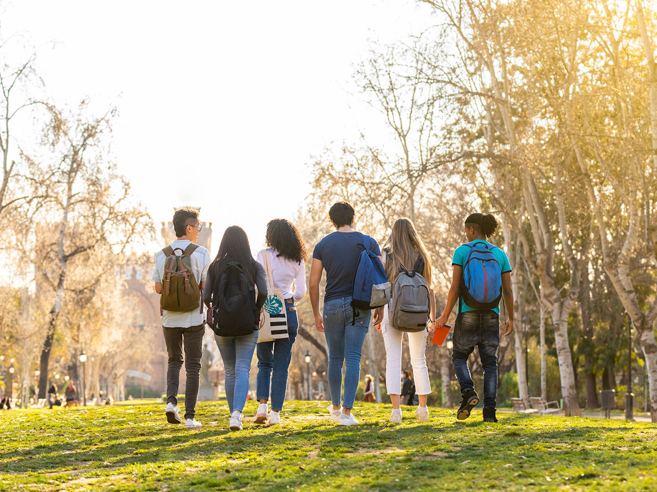 Ryggen af seks unge med skoletasker