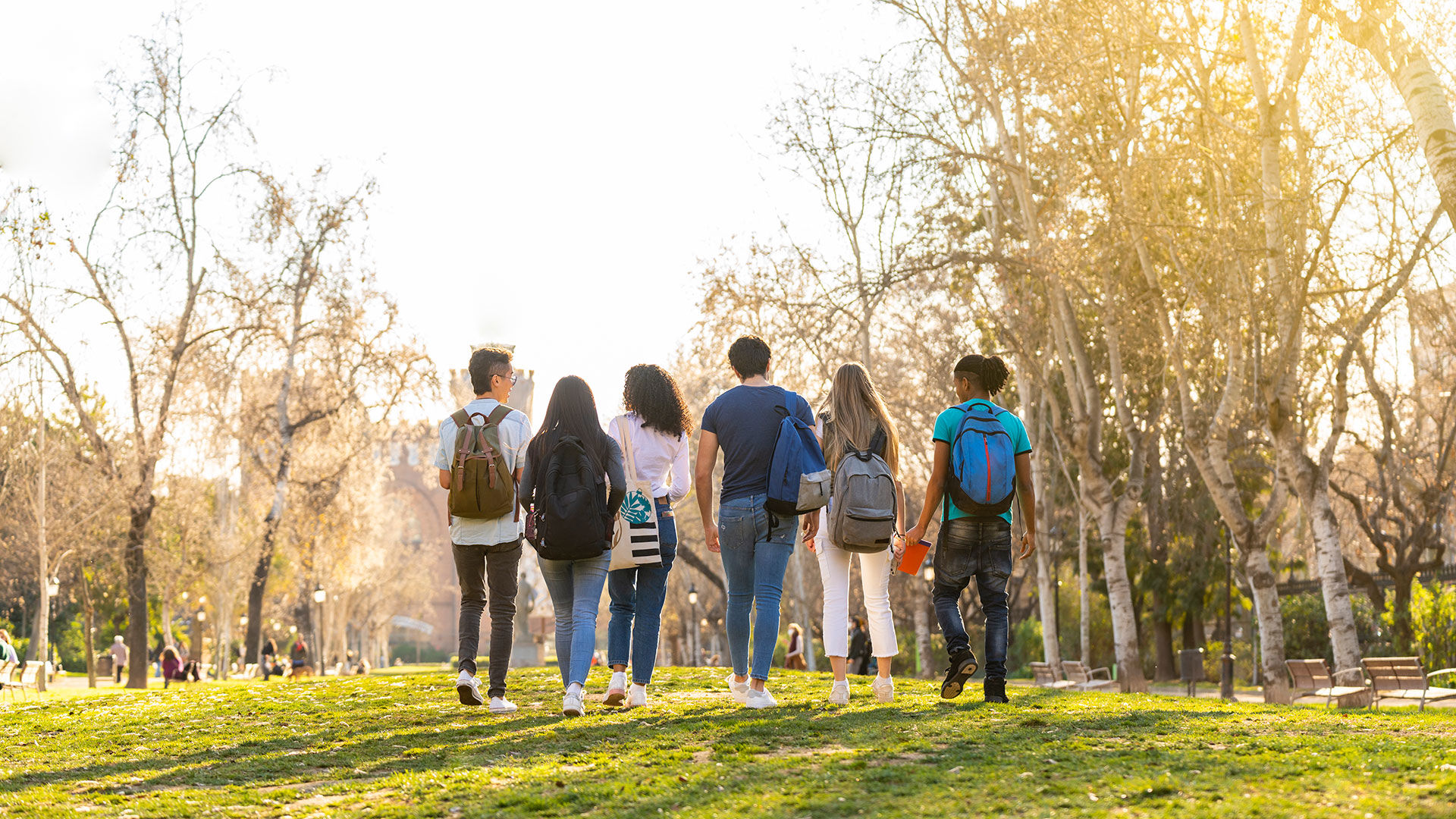 Ryggen af seks unge med skoletasker