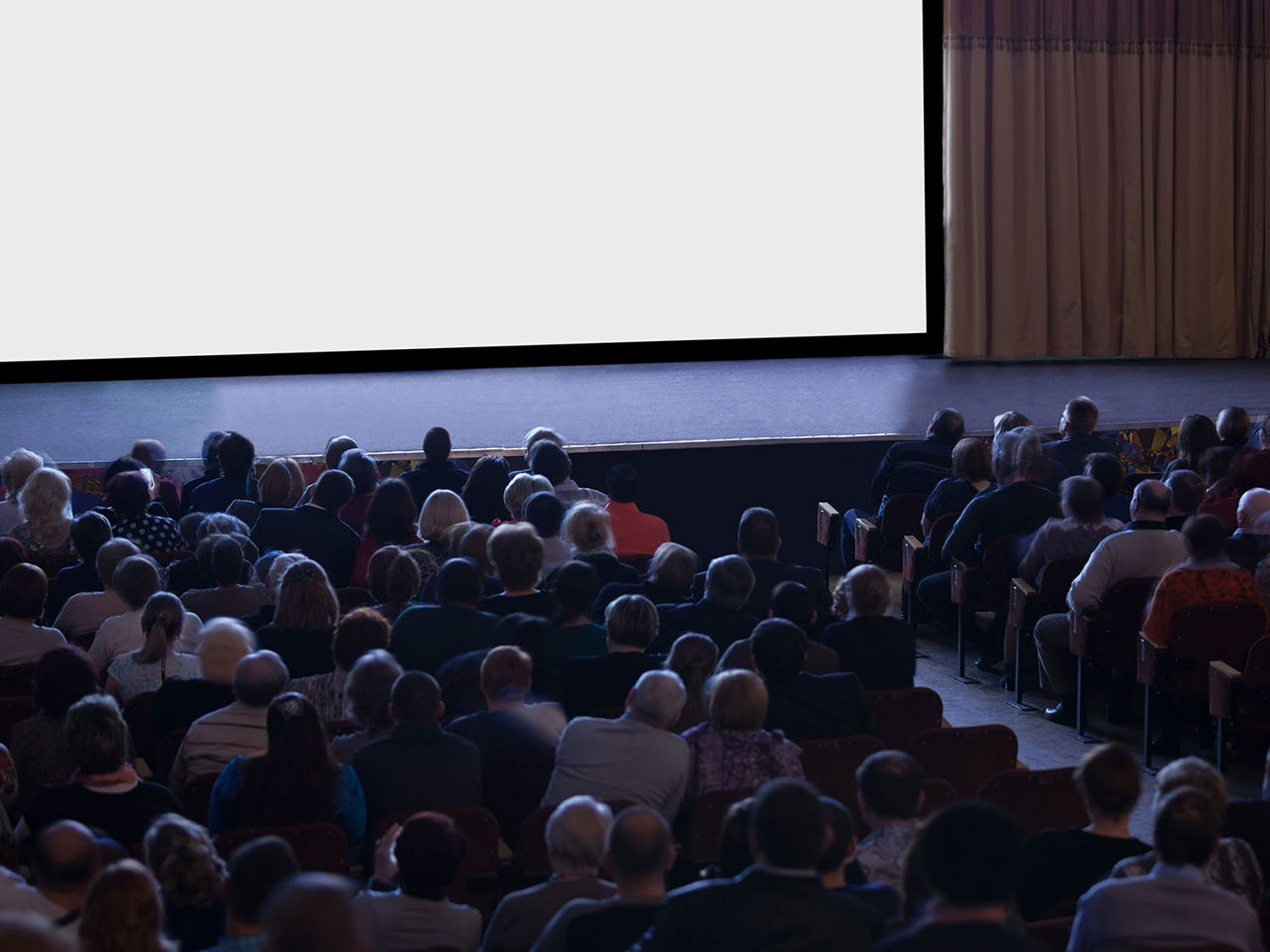 Ryggen af en masse mennesker der sidder i en biograf