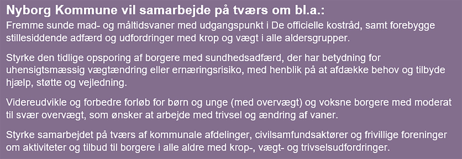 Tekst der forklarer, hvordan Nyborg Kommune vil arbejde på tværs mod overvægt // Foto: Nyborg Kommune