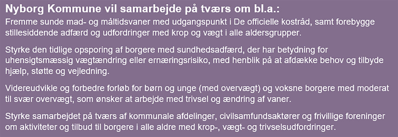 Tekst der forklarer, hvordan Nyborg Kommune vil arbejde på tværs mod overvægt // Foto: Nyborg Kommune