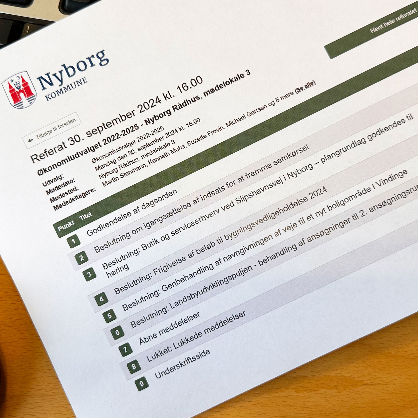 Referat fra Økonomiudvalget i Nyborg Kommune // Foto: Nyborg Kommune