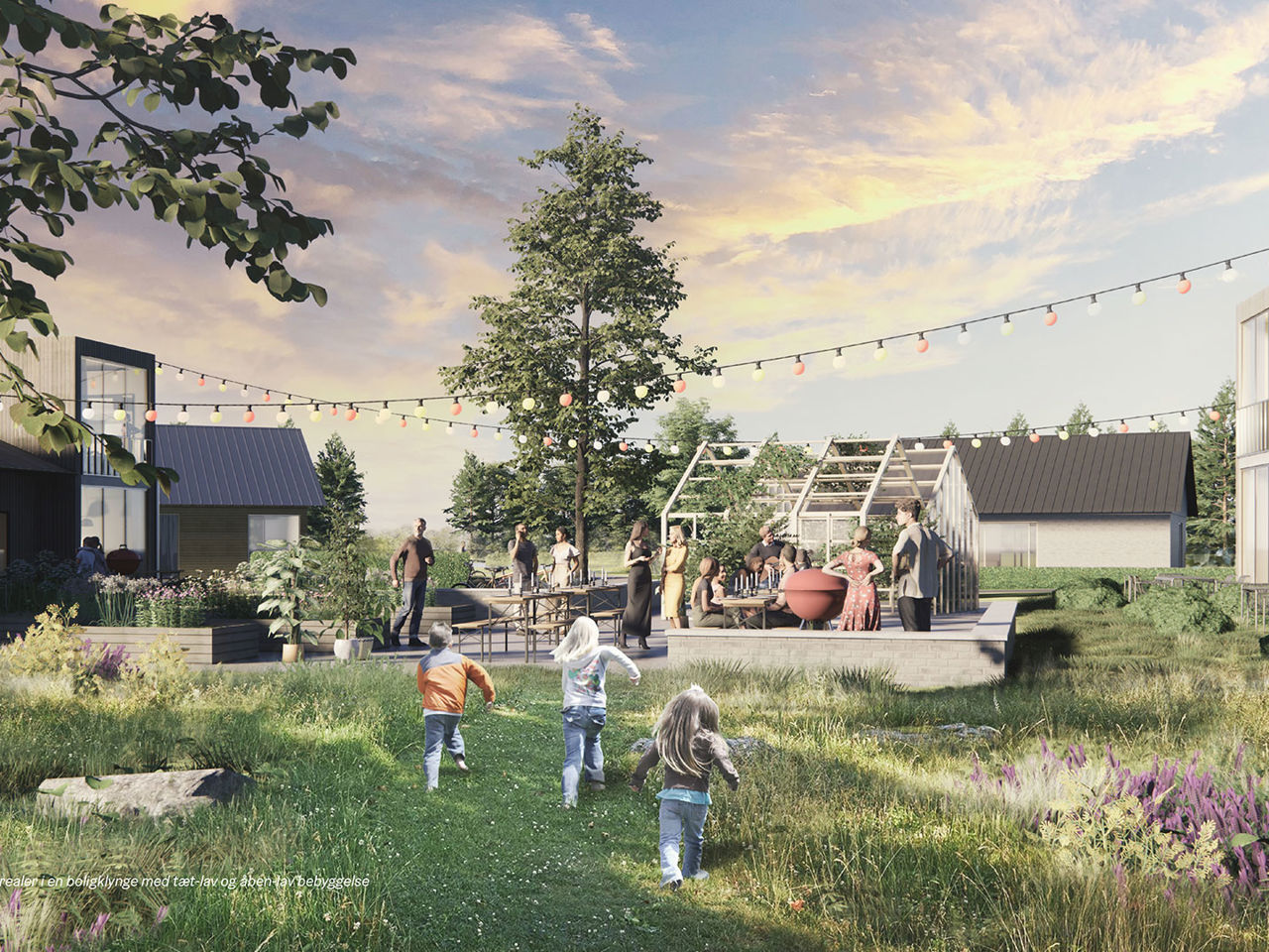 Visualisering af fælles udearealer i en boligklynge med tæt-lav og åben-lav bebyggelse